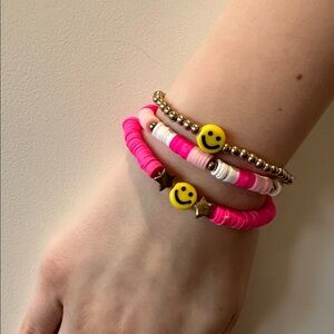 Kids Pink Smiley Bead Bracelet Set - Cute Stretch Stack